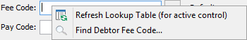 Fee Code field (right click menu)