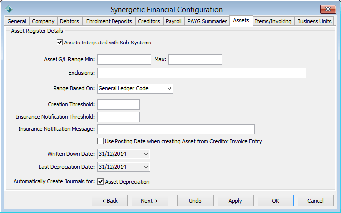 Finance Configuration Maintenance - Assets tab