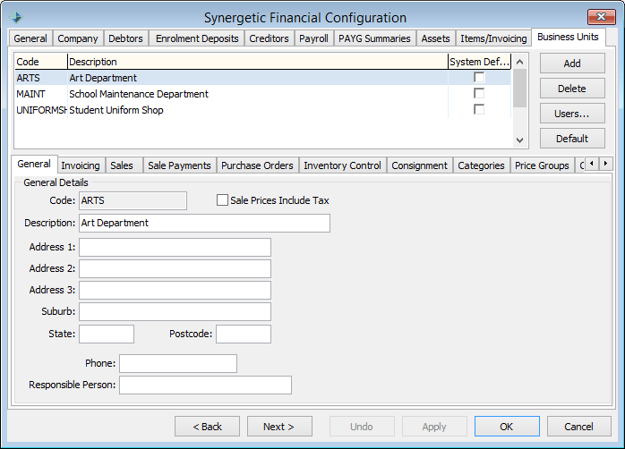 Synergetic Financial Configuration window