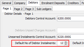 Synergetic Financial Configuration - Debtors tab - Page 1 sub-tab (Default No of Debtor Instalments)
