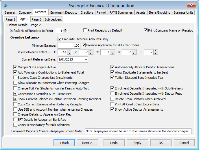 Finance Configuration Maintenance - Debtors tab - Page 2 sub-tab