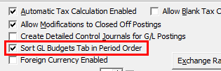 Finance Configuration Maintenance - General tab (cut down, sort GL budgets in period order highlighted)