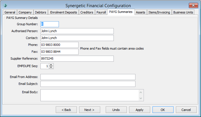 Finance Configuration Maintenance - PAYG Summary tab