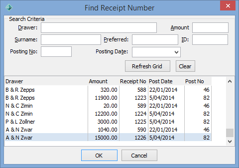 Find Receipt Number window