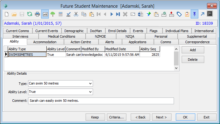 Future Student Maintenance - Ability tab