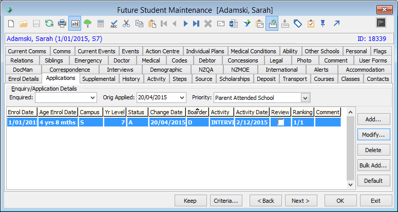 Future Student Maintenance - Applications tab