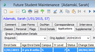 Future Student Maintenance - Applications tab (cut down)
