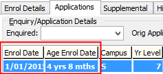 Future Student Maintenance - Application tab (Age At Enrol Date field)