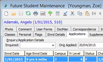 Future Student Maintenance - Application tab (cutdown, Z Youngman eg)