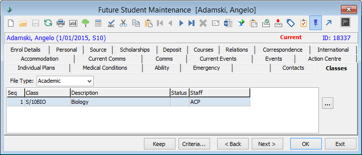 Future Student Maintenance - Classes tab