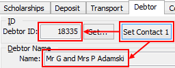 Future Student Maintenance - Debtor tab (Set Contact 1 example)