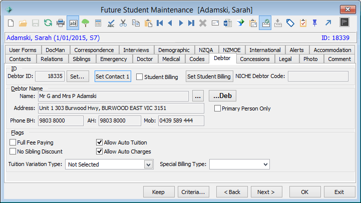 Future Student Maintenance - Debtor tab