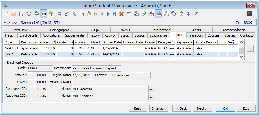 Future Student Maintenance - Deposit tab