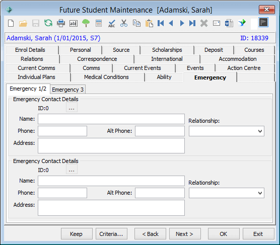 Future Student Maintenance - Emergency tab - Emergency 1/2 sub-tab