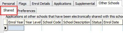 Future Student Maintenance - Other Schools tab (Shared sub-tab highlighted)