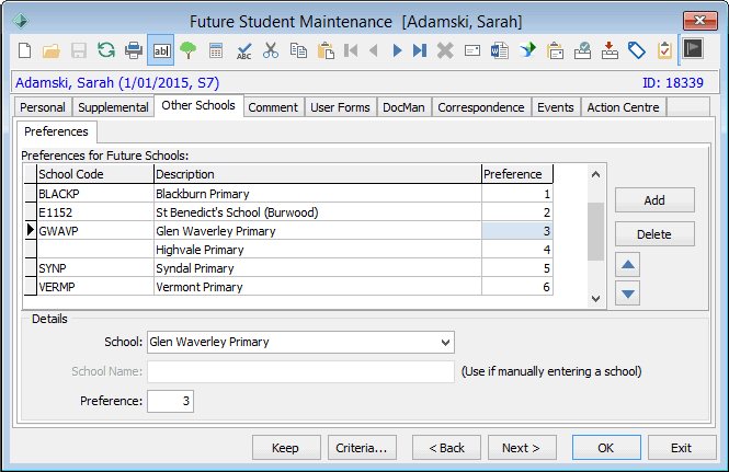 Future Student Maintenance - Other Schools tab - Preferences sub-tab