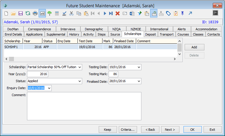 Future Student Maintenance - Scholarships tab