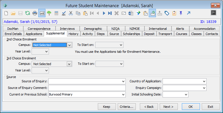 Future Student Maintenance - Supplemental tab