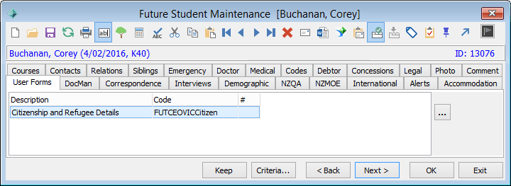 Future Student Maintenance - User Forms tab