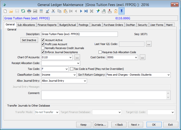 General Ledger Maintenance - General tab