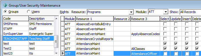 Group Security Maintenance (Attendance Officer resource)