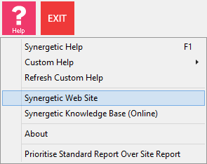 Help - Synergetic Web Site menu option
