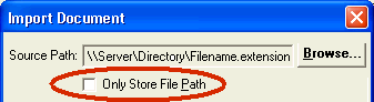 Import Document window (highlighted Only Store File Path field)
