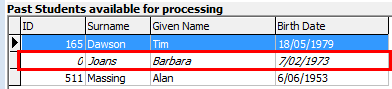 Import Export Student Data (past students, cut down, students available for processing student not found highlighted)