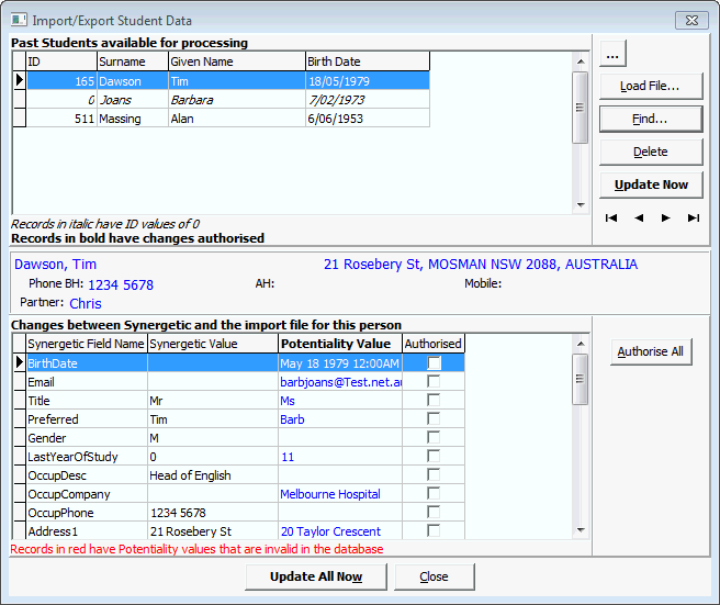 Import Export Student Data (past students, populated)