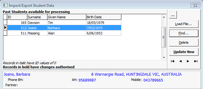 Import Export Student Data (past students, populated example 2)