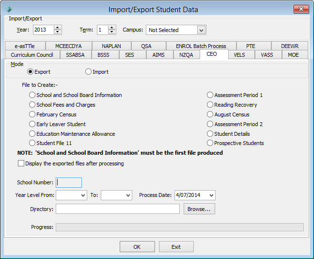 Import/Export Student Data - CEO tab
