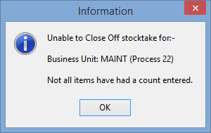 information - unable to close off stocktake for