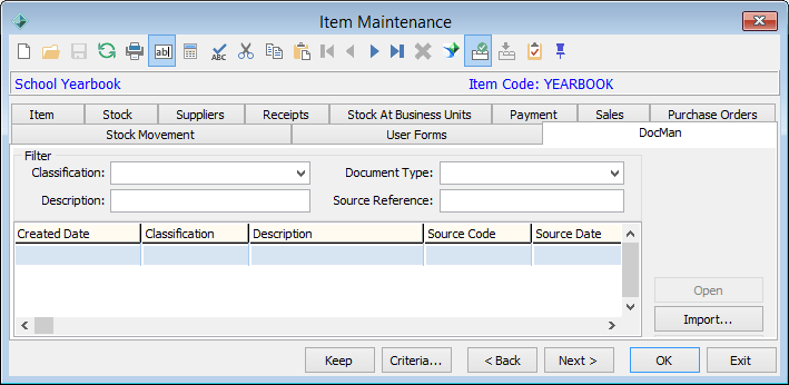Item Maintenance - DocMan tab