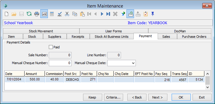 Item Maintenance - Payment tab