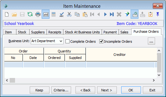 Item Maintenance - Purchase Orders tab