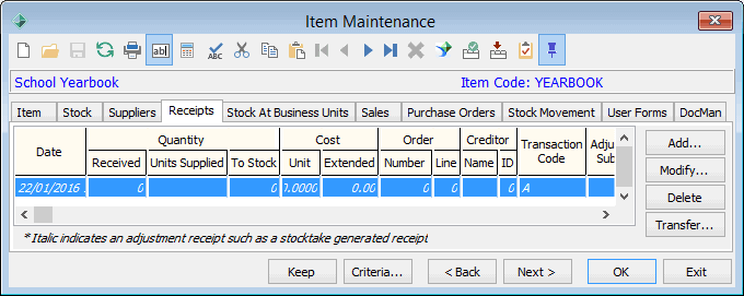 Item Maintenance - Receipts tab