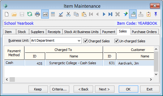 Item Maintenance - Sales tab