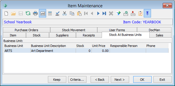Item Maintenance - Stock at Business Units tab