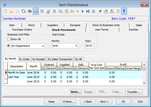 Item Maintenance - Stock Movement tab