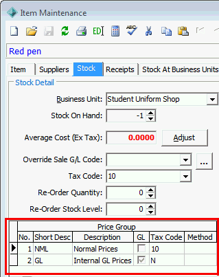 Item Maintenance - Stock tab (cut down, grid highlighted)
