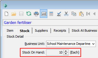 Item Maintenance - Stock tab (highlighted positive Stock On Hand field)