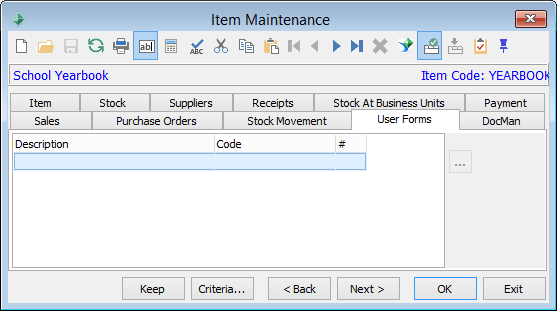 Item Maintenance - User Forms tab