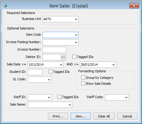 Item Sales (report selections)