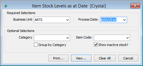Item Stock Levels as at Date (report selections)