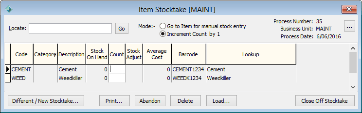 Item Stocktake window