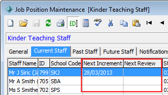 Job Position Maintenance - Current Staff (Next Increment, Next Review fields highlighted for wn)
