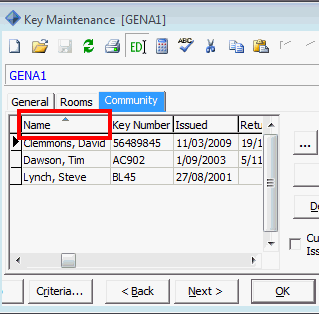 Key Maintenance - Community tab (column sorting highlighted)