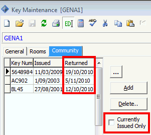 Key Maintenance - Community tab (returned and filter fields highlighted)