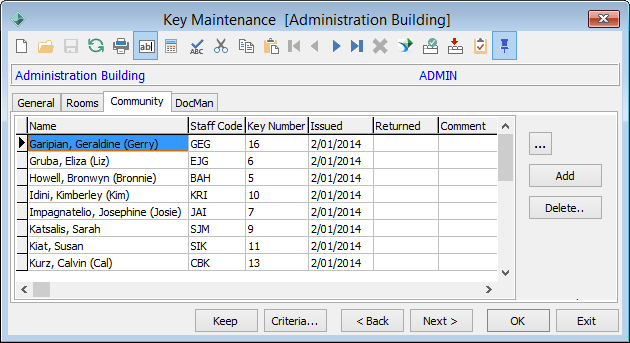 Key Maintenance - Community tab