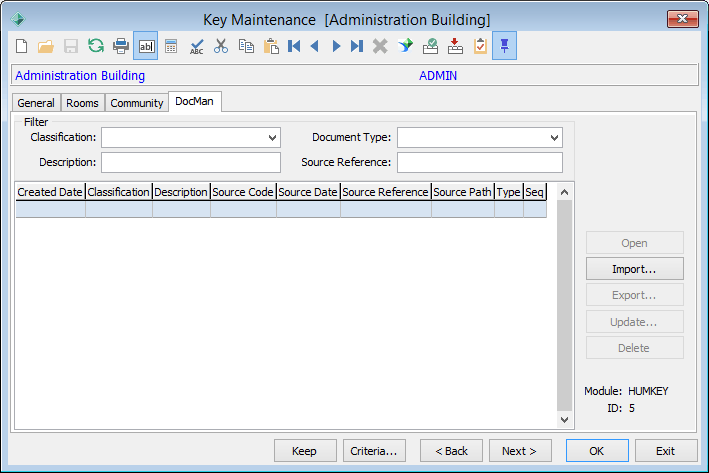 Key Maintenance - DocMan tab
